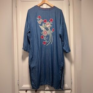 Kimono Bird Embroidered Flowers Blue Chambray Long Sleeves Lightweight Sz Large